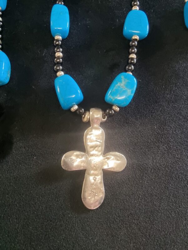 Turquoise Gem & Sterling Silver forged Cross Jewellery set