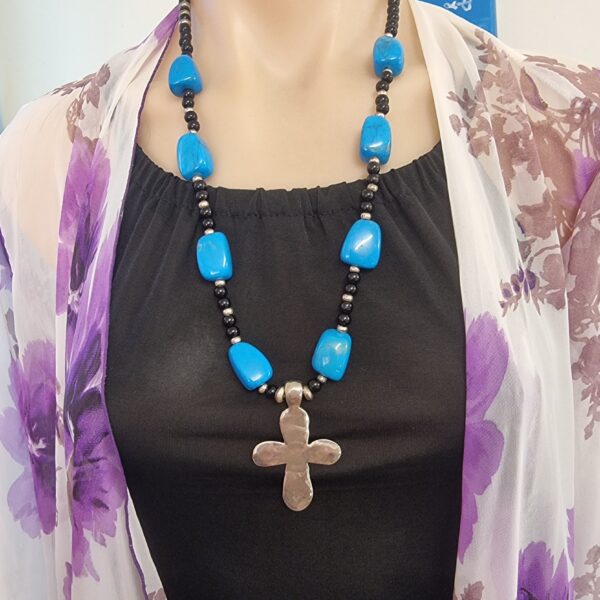 Turquoise Gem & Sterling Silver Forged Cross Necklace Set