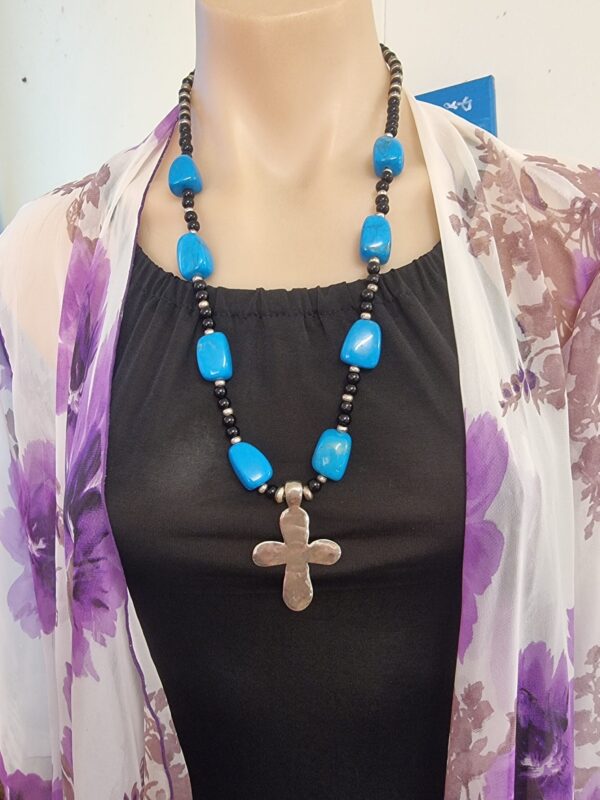 Turquoise Gem & Sterling Silver Forged Cross Necklace Set