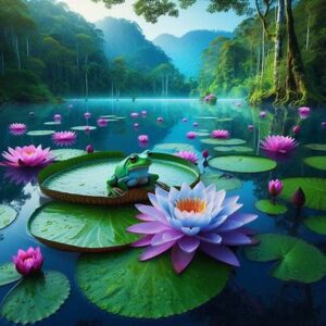 Green tree frog and pink lotus lily image created by AI