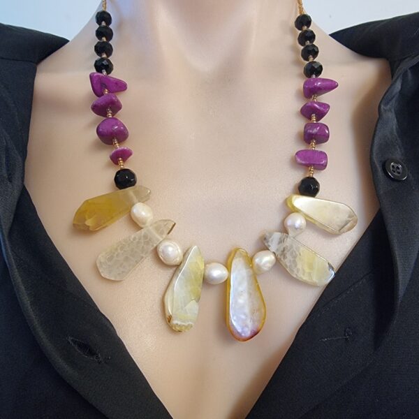 Yellow Quartz Purple Agate Crystal Necklace