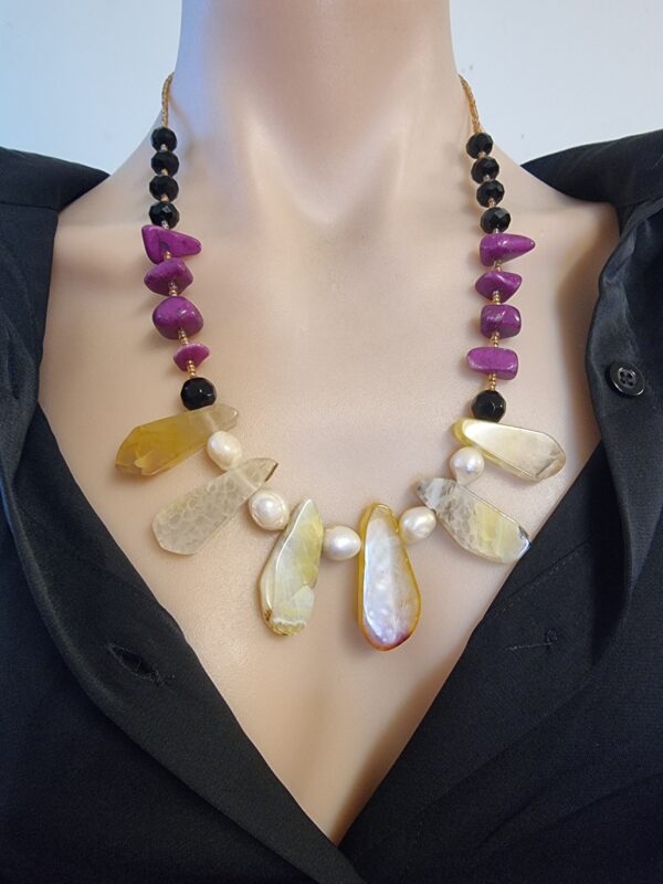 Yellow Quartz Purple Agate Crystal Necklace