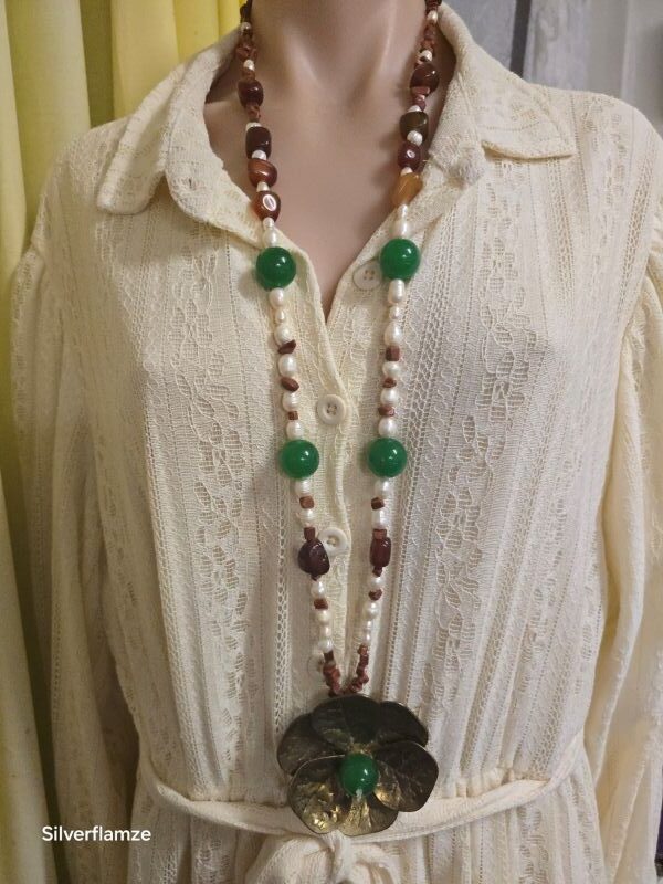 Emerald Agate Pearl Copper Flower Necklace