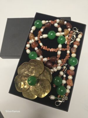Emerald Agate Pearl Copper Flower Necklace Set