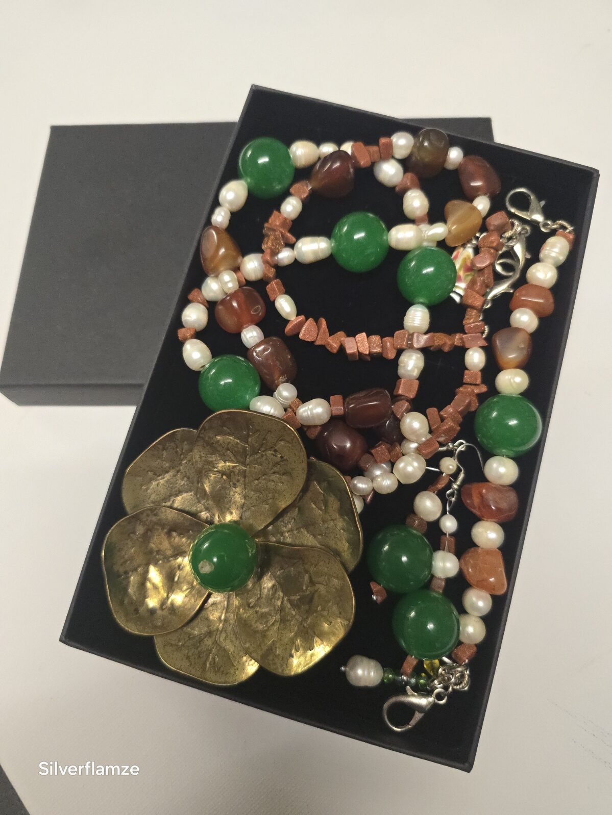 Emerald Agate Pearl Copper Flower Necklace