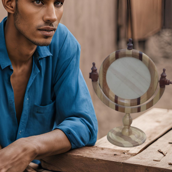 AI created Moroccan man sitting next to wood bench with marquetry wooden mirror