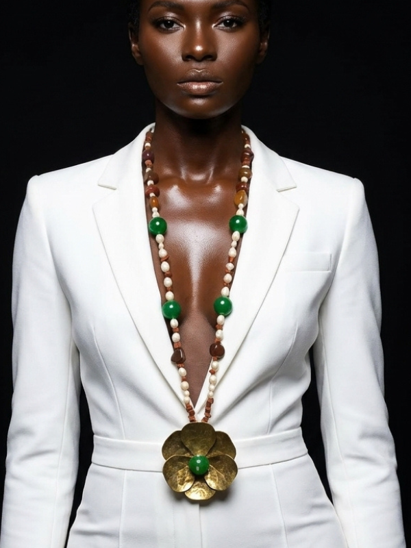 Emerald Agate Pearl Copper Flower Necklace