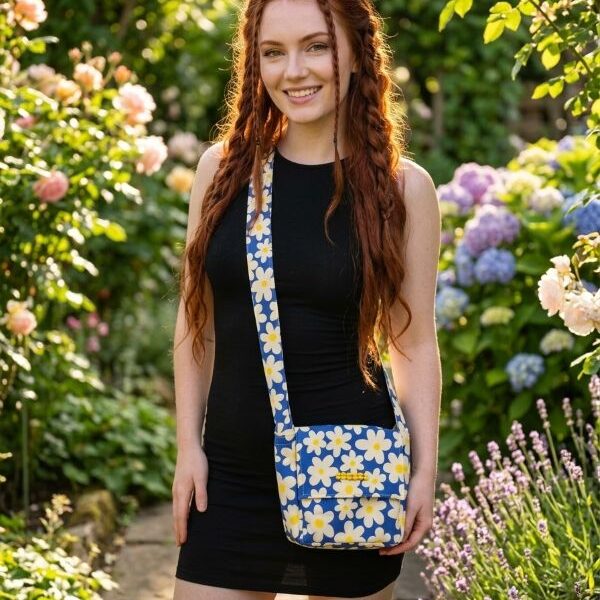 blue & yellow daisy bag on model