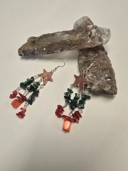 Copper star Malachite Red Coral Handmade earrings