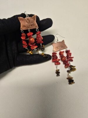 Copper Cat Red Coral & Tiger Eye Handmade Earrings