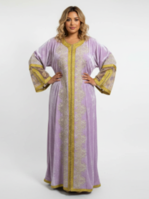 Lilac Velvet Gold Embroidered Moroccan Kaftan