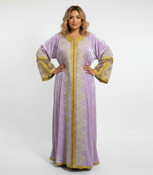 Lilac Velvet Gold Embroidered Moroccan Kaftan