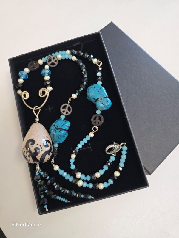 Peace Blue Crystal Ceramic Focal Bead Necklace - Image 5