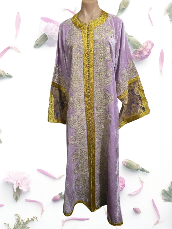 Lilac Velvet Gold Embroided Moroccan Kaftan