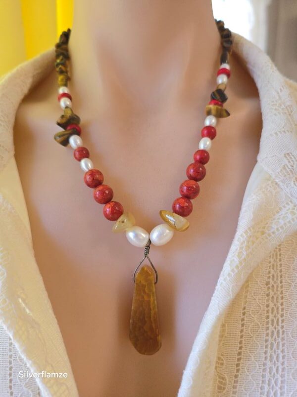 Agate Red Coral Pearl Tiger Eye Necklace Set - Image 4