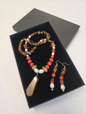 Agate Red Coral Pearl Tiger Eye Necklace Set