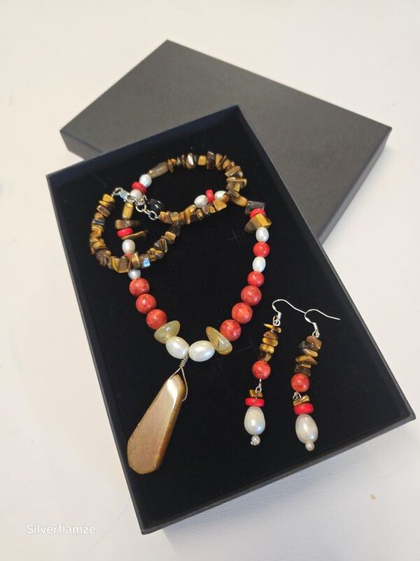 Agate Red Coral Pearl Tiger Eye Necklace Set - Image 2