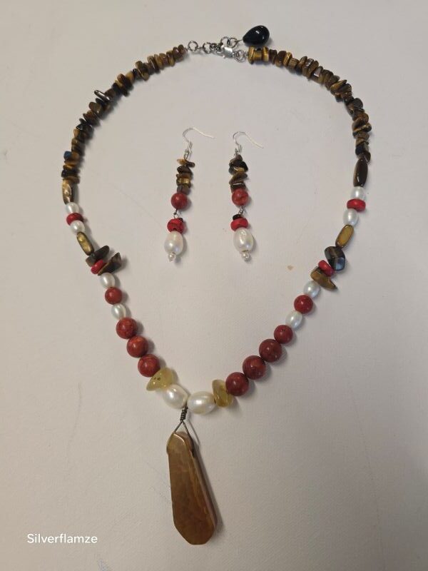 Agate Red Coral Pearl Tiger Eye Necklace Set - Image 3