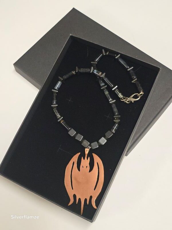 Blue Tiger Eye Hematite Copper Bat Necklace - Image 7