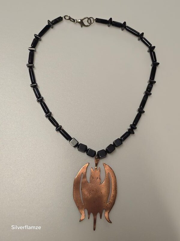 Blue Tiger Eye Hematite Copper Bat Necklace