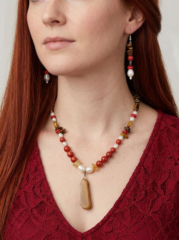 Agate Red Coral Pearl Tiger Eye Necklace Set