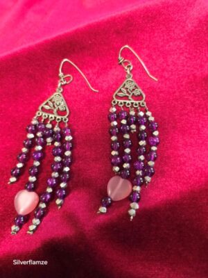 Rose Pink Heart Cats Eye Purple Glass Earrings