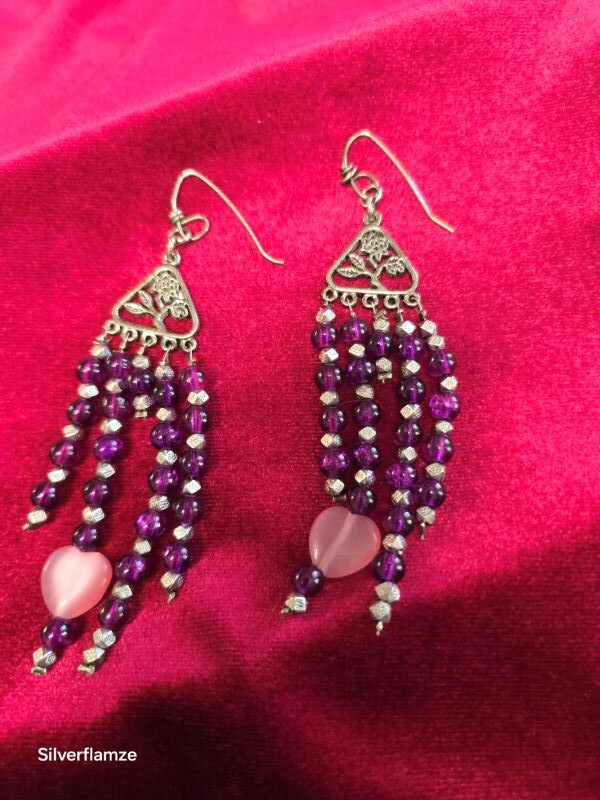 Rose Pink Heart Cats Eye Purple Glass Earrings