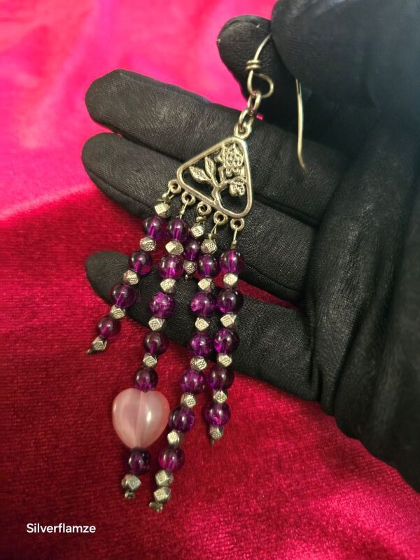 Rose Pink Heart Cats Eye Purple Glass Earrings - Image 4