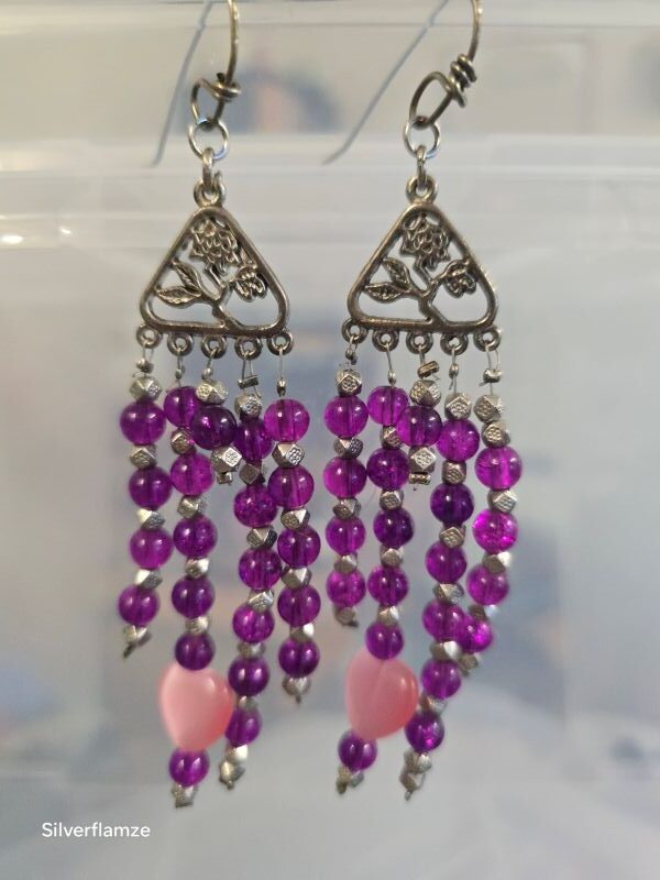 Rose Pink Heart Cats Eye Purple Glass Earrings