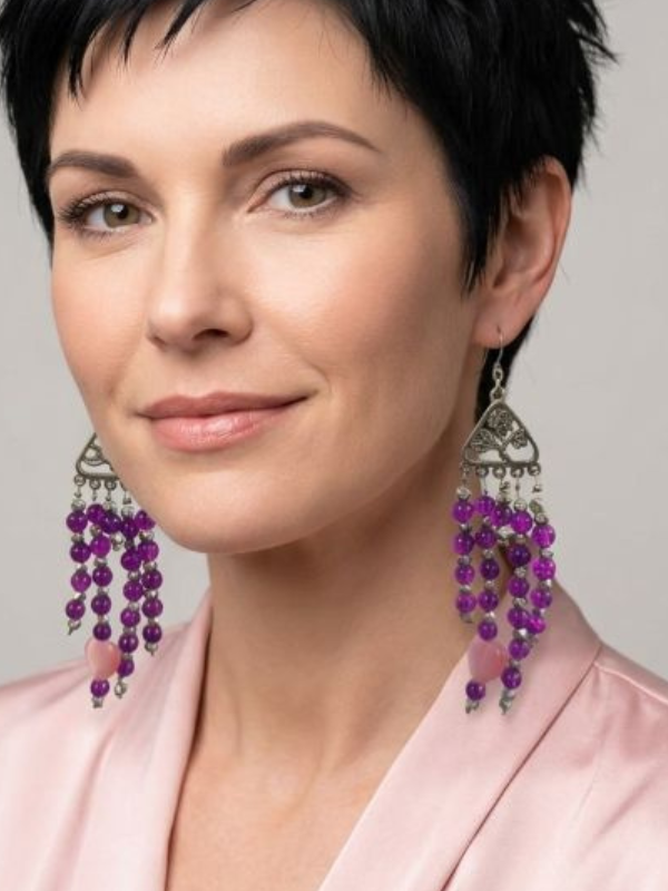 Rose Pink Heart Cats Eye Purple Glass Earrings