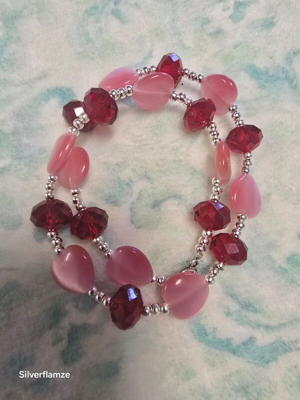 Pink Cats Eye Heart Bead Bracelet