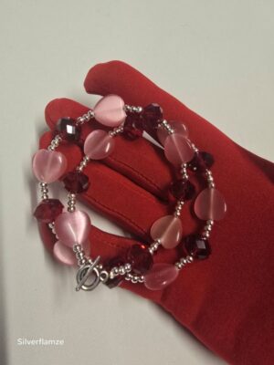 Pink Cats Eye Heart Bead Bracelet