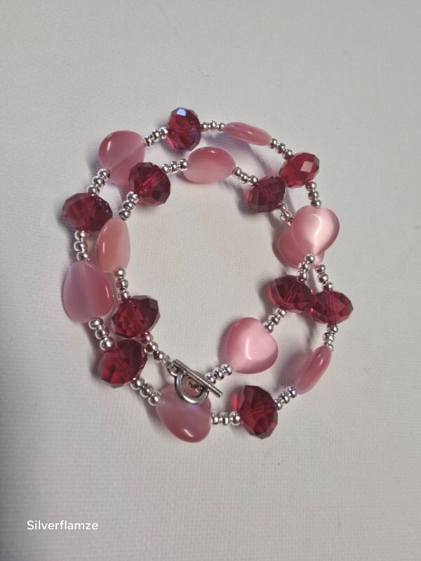 Pink Cats Eye Heart Bead Bracelet